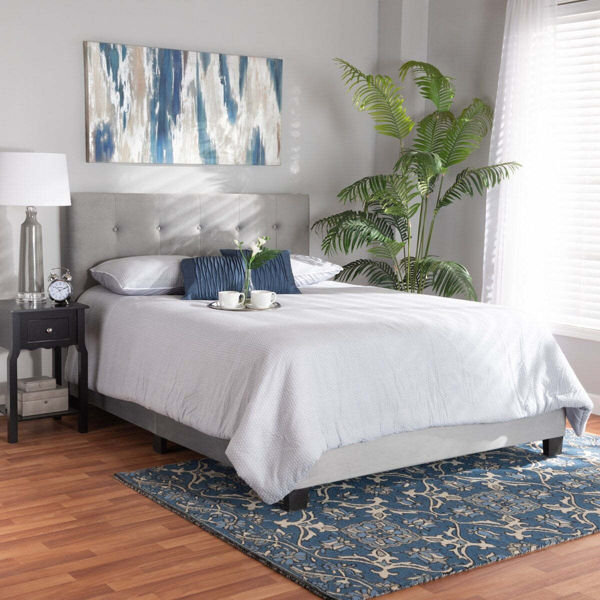 Caprice Modern and Contemporary Glam Grey Velvet Fabric Upholstered Queen Size Panel Bed