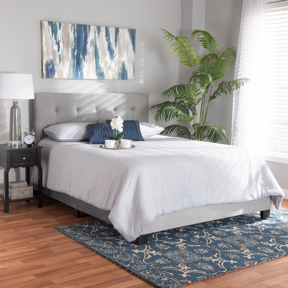 Caprice Modern and Contemporary Glam Grey Velvet Fabric Upholstered Queen Size Panel Bed