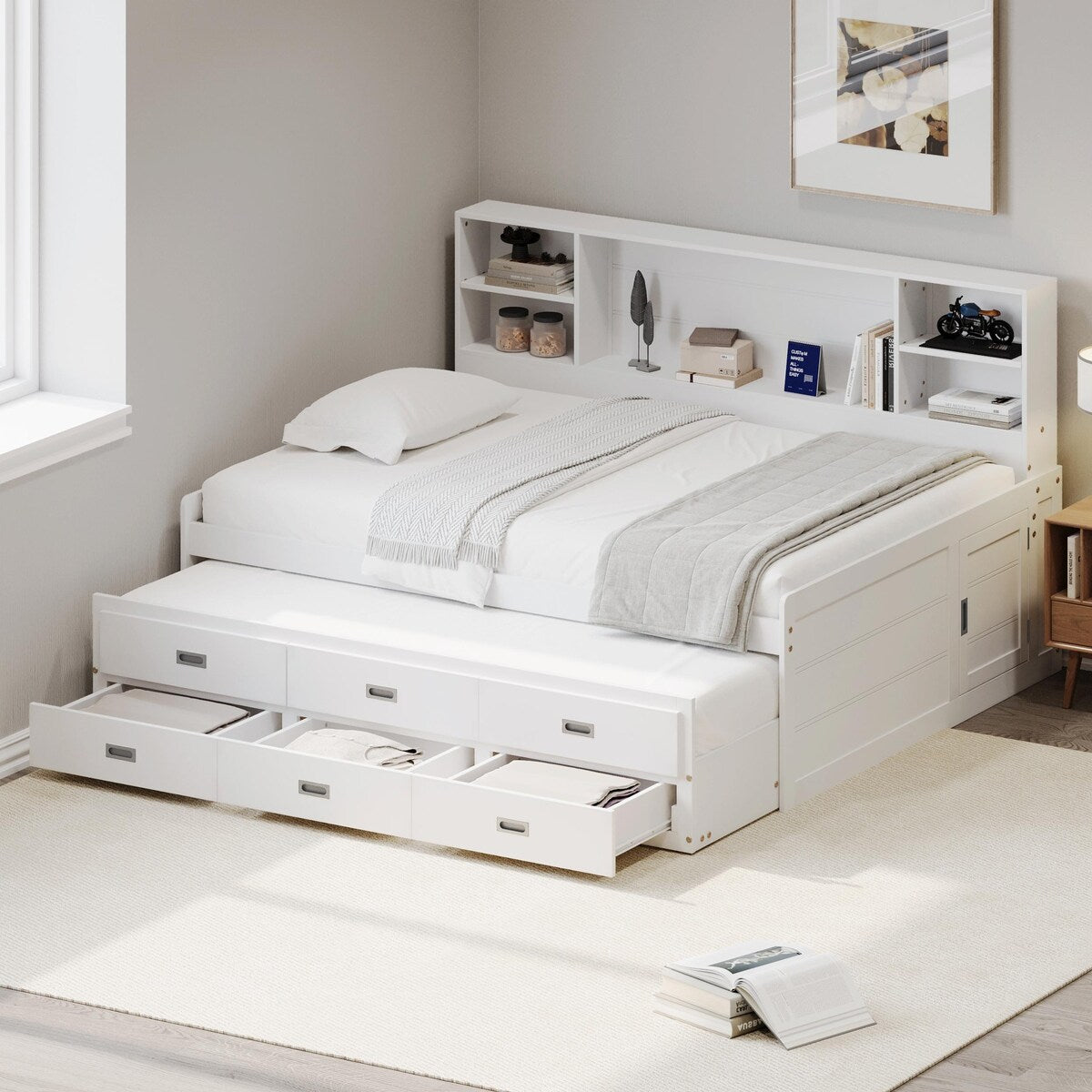 Captain Daybed with Storage Bookcase Headboard, Trundle, and Three Storage Drawers