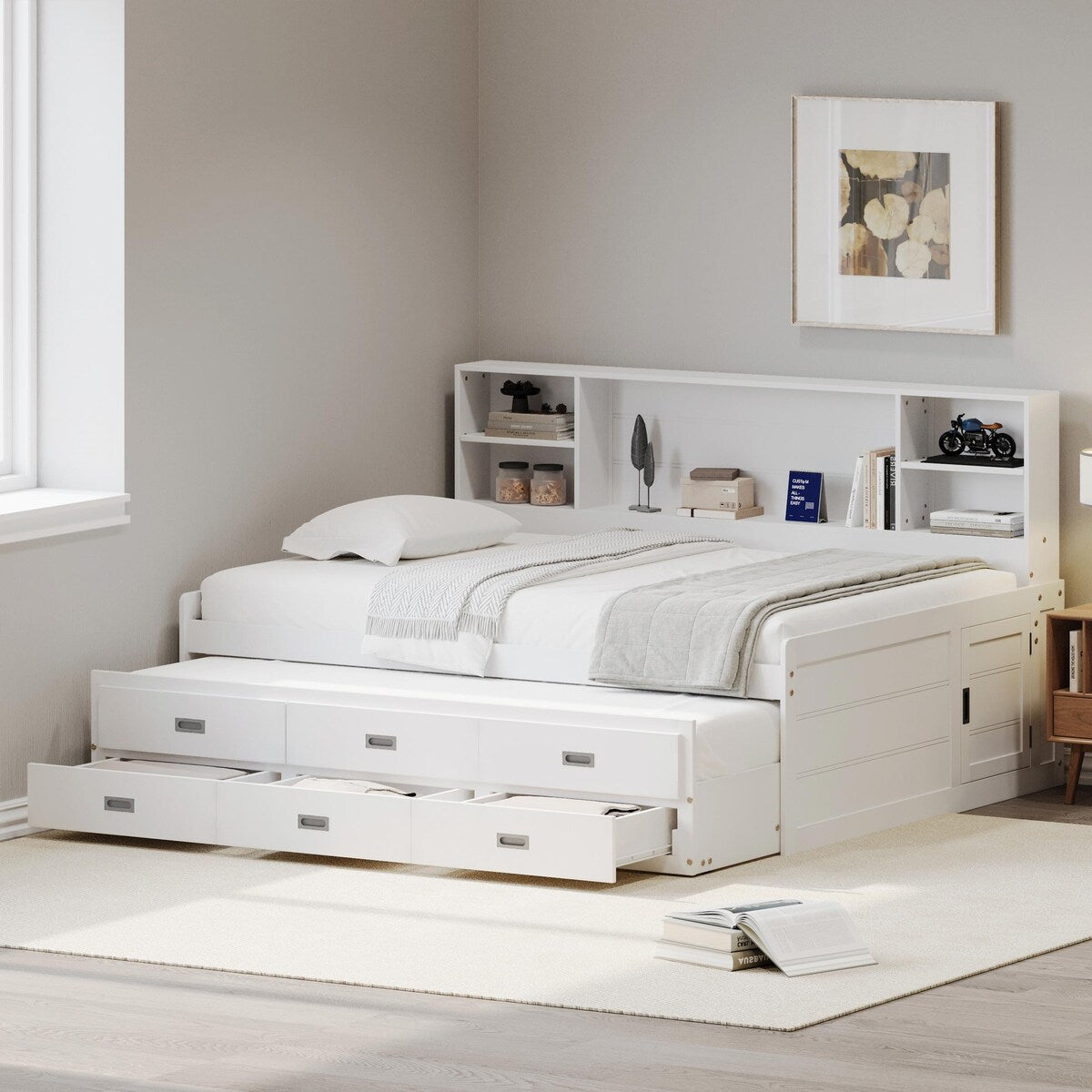 Captain Daybed with Storage Bookcase Headboard, Trundle, and Three Storage Drawers