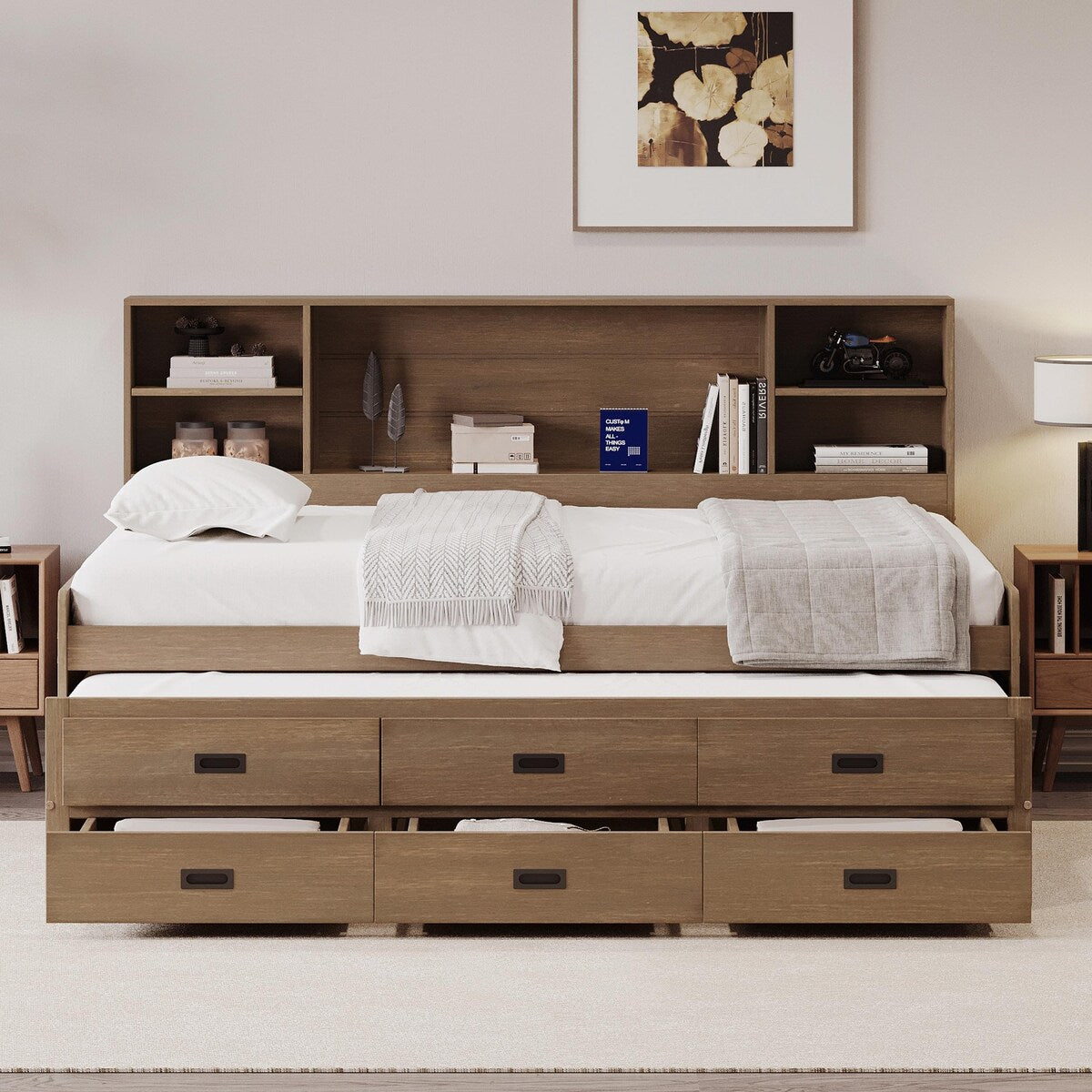 Captain Daybed with Storage Bookcase Headboard, Trundle, and Three Storage Drawers