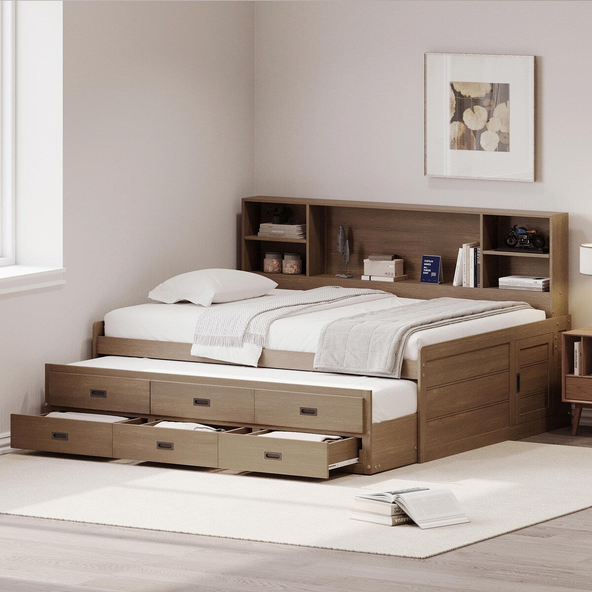 Captain Daybed with Storage Bookcase Headboard, Trundle, and Three Storage Drawers