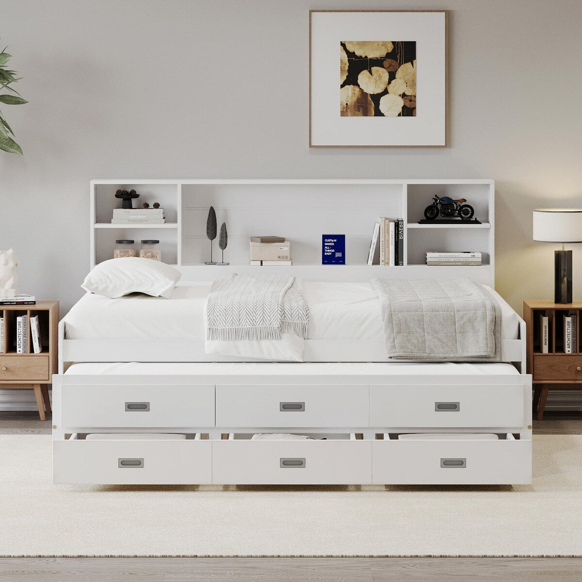 Captain Daybed with Storage Bookcase Headboard, Trundle, and Three Storage Drawers
