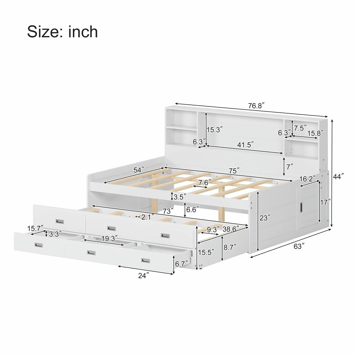 Captain Daybed with Storage Bookcase Headboard, Trundle, and Three Storage Drawers