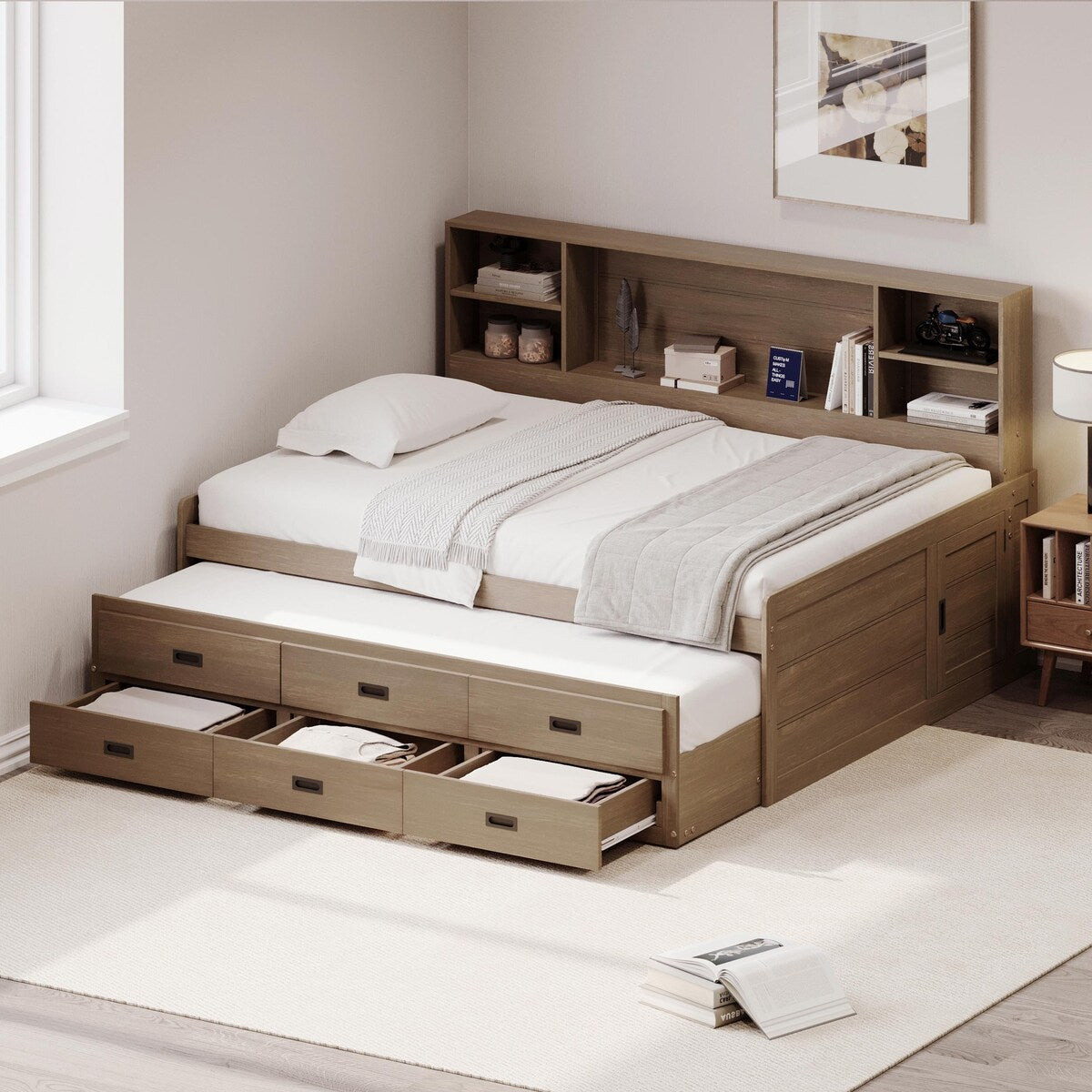 Captain Daybed with Storage Bookcase Headboard, Trundle, and Three Storage Drawers