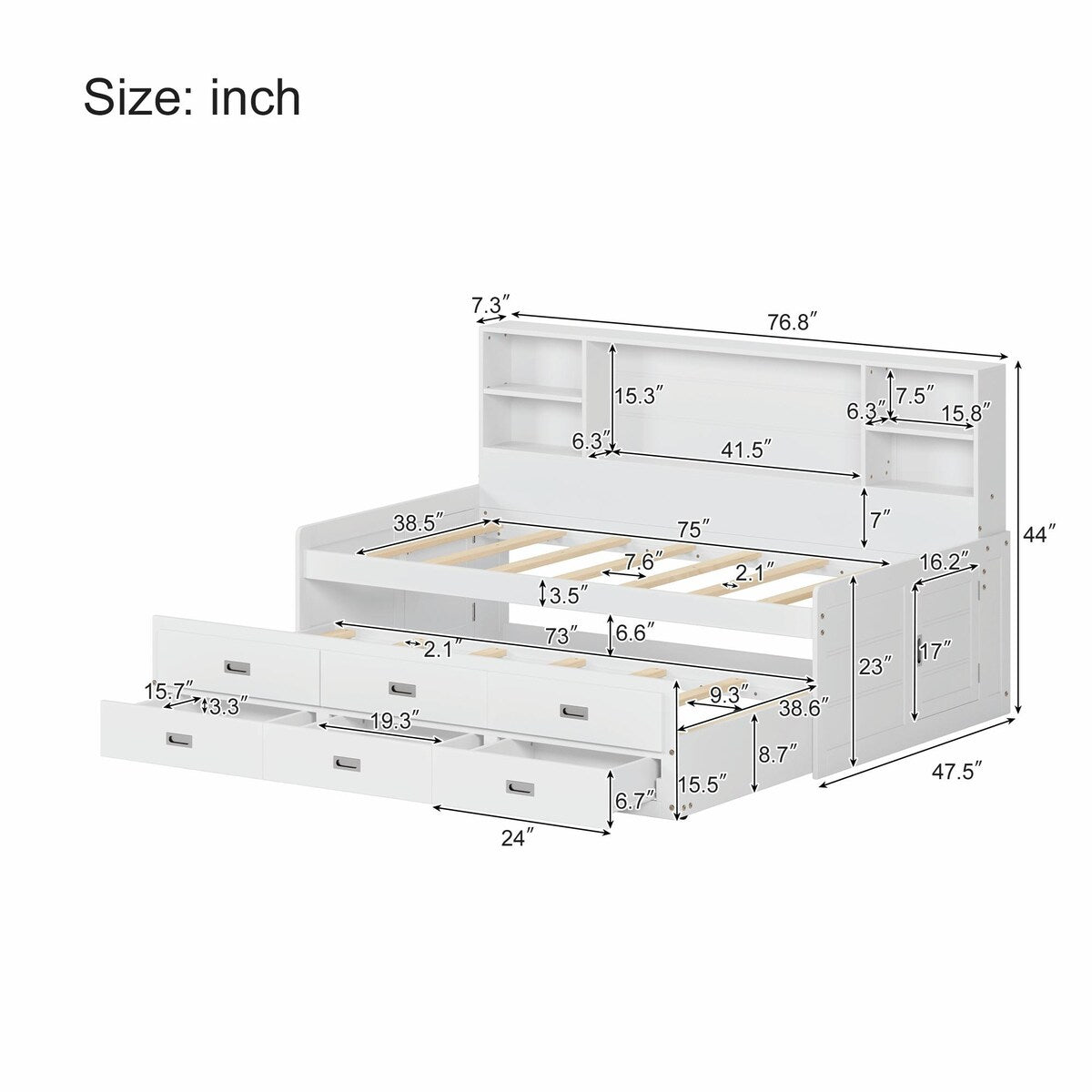 Captain Daybed with Storage Bookcase Headboard, Trundle, and Three Storage Drawers