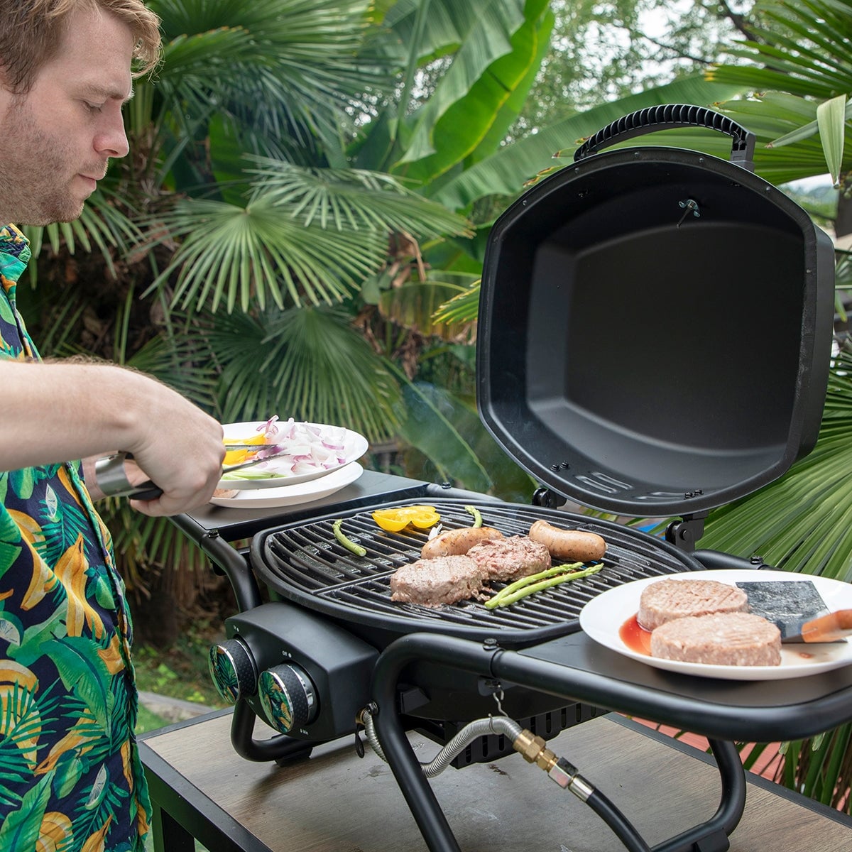 2-Burner Portable Table Patio Gas Grill with Cast Iron Grates