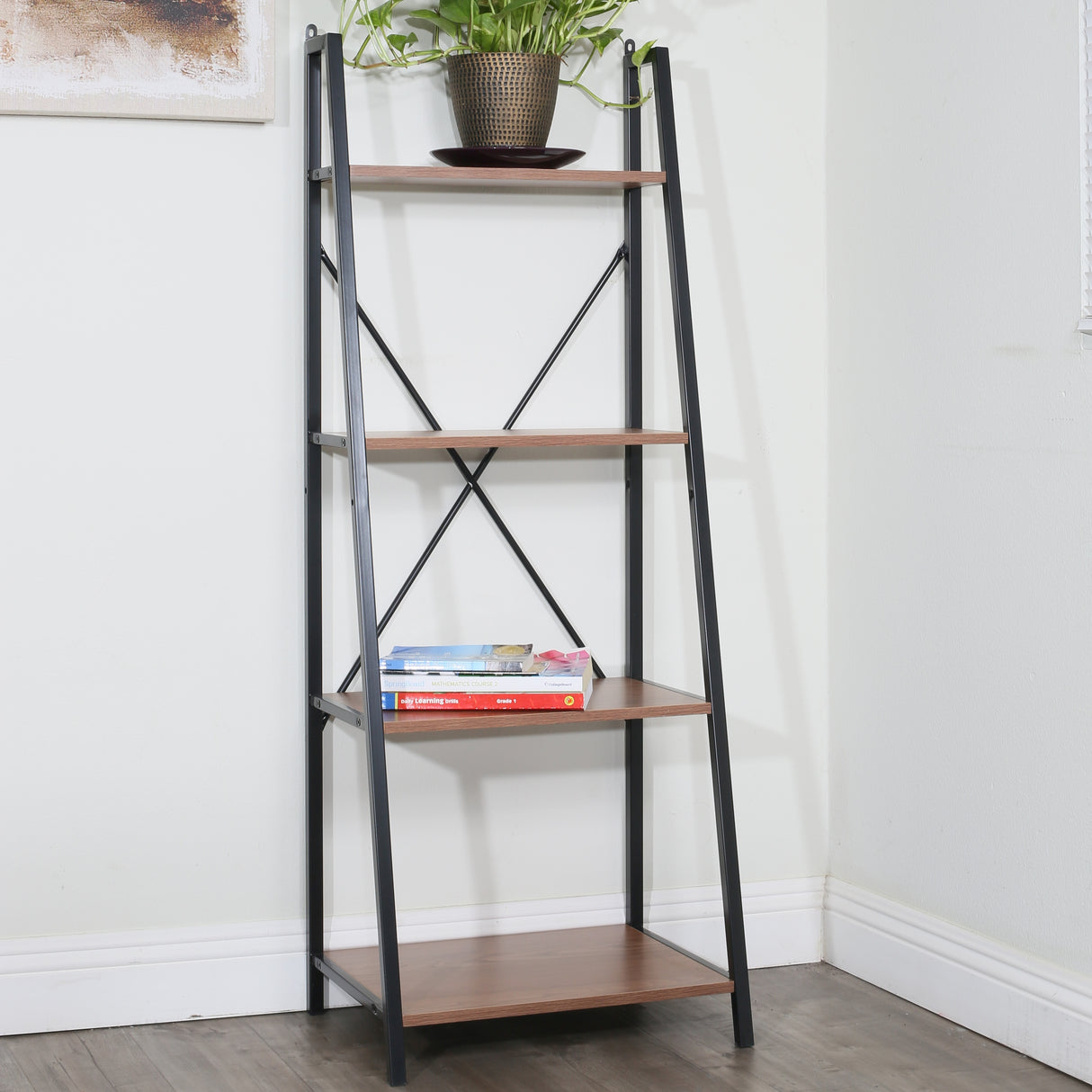 Carbon Loft Cavendish 4-tier Walnut Ladder Bookshelf with Black Frame - 20" x 15" x 53"