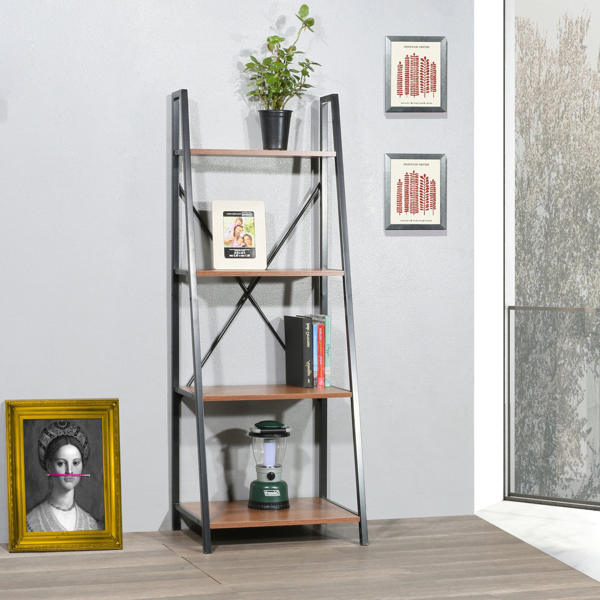 Carbon Loft Cavendish 4-tier Walnut Ladder Bookshelf with Black Frame - 20" x 15" x 53"