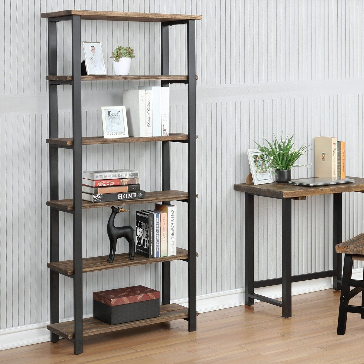 Lawrence 5 shelf Metal and Solid Wood Bookcase