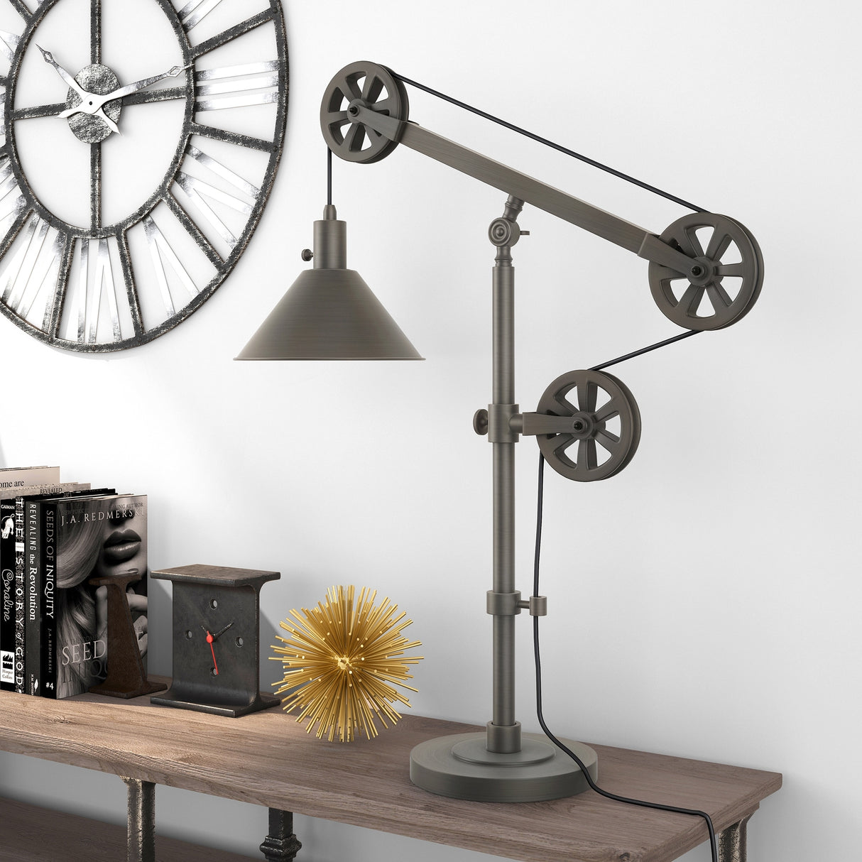 Carbon Loft Tirith Industrial Farmhouse Table Lamp with Pulley System