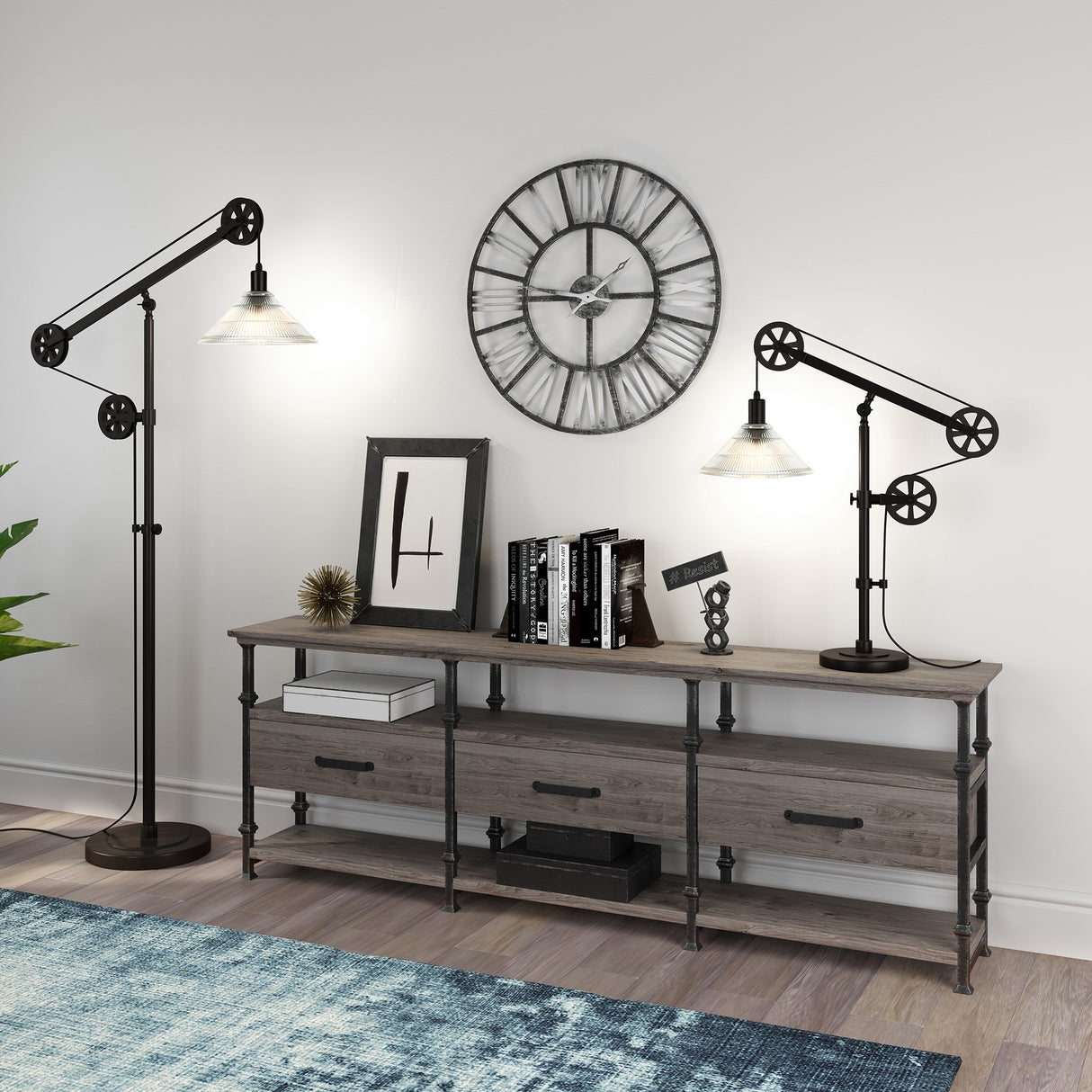 Carbon Loft Tirith Industrial Farmhouse Table Lamp with Pulley System