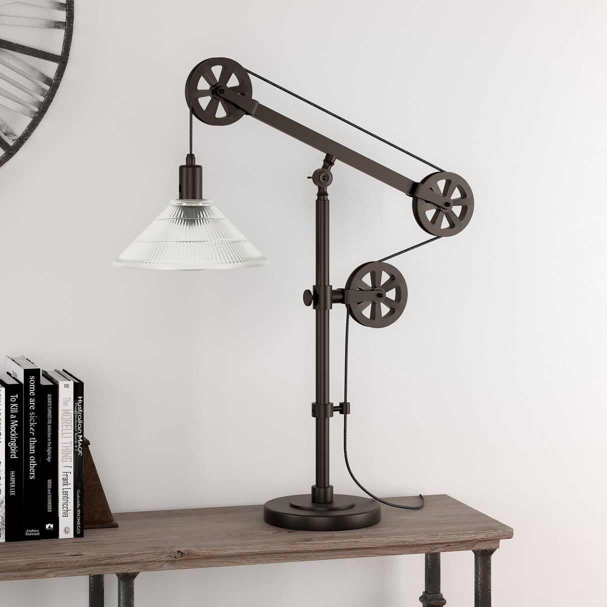 Carbon Loft Tirith Industrial Farmhouse Table Lamp with Pulley System