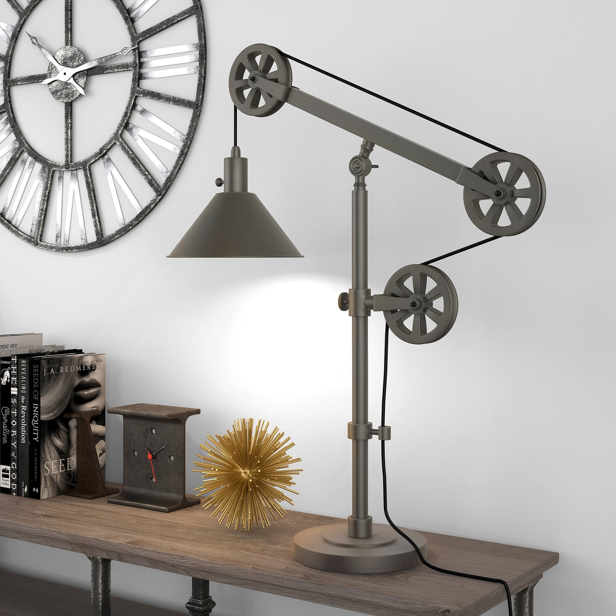 Carbon Loft Tirith Industrial Farmhouse Table Lamp with Pulley System