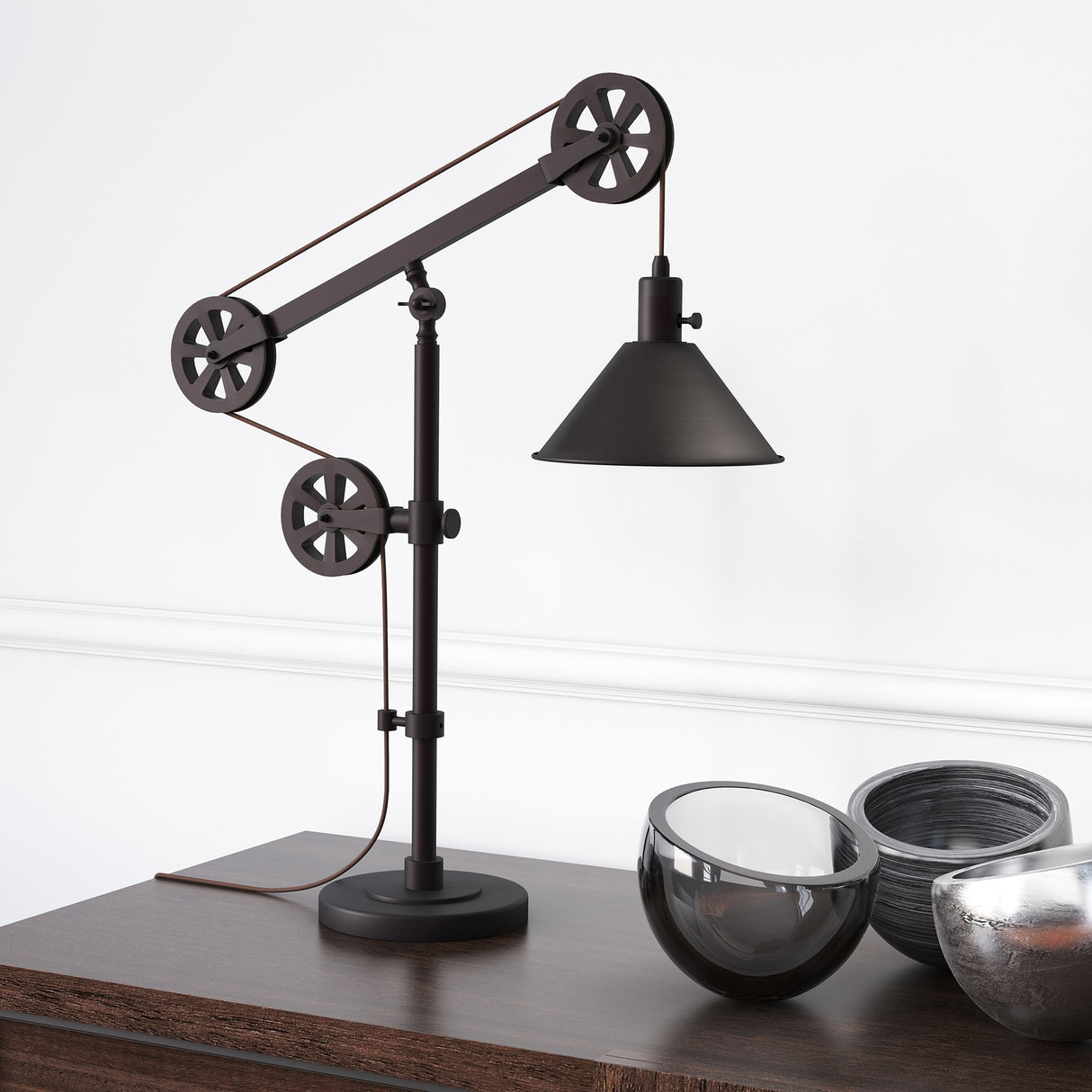 Carbon Loft Tirith Industrial Farmhouse Table Lamp with Pulley System