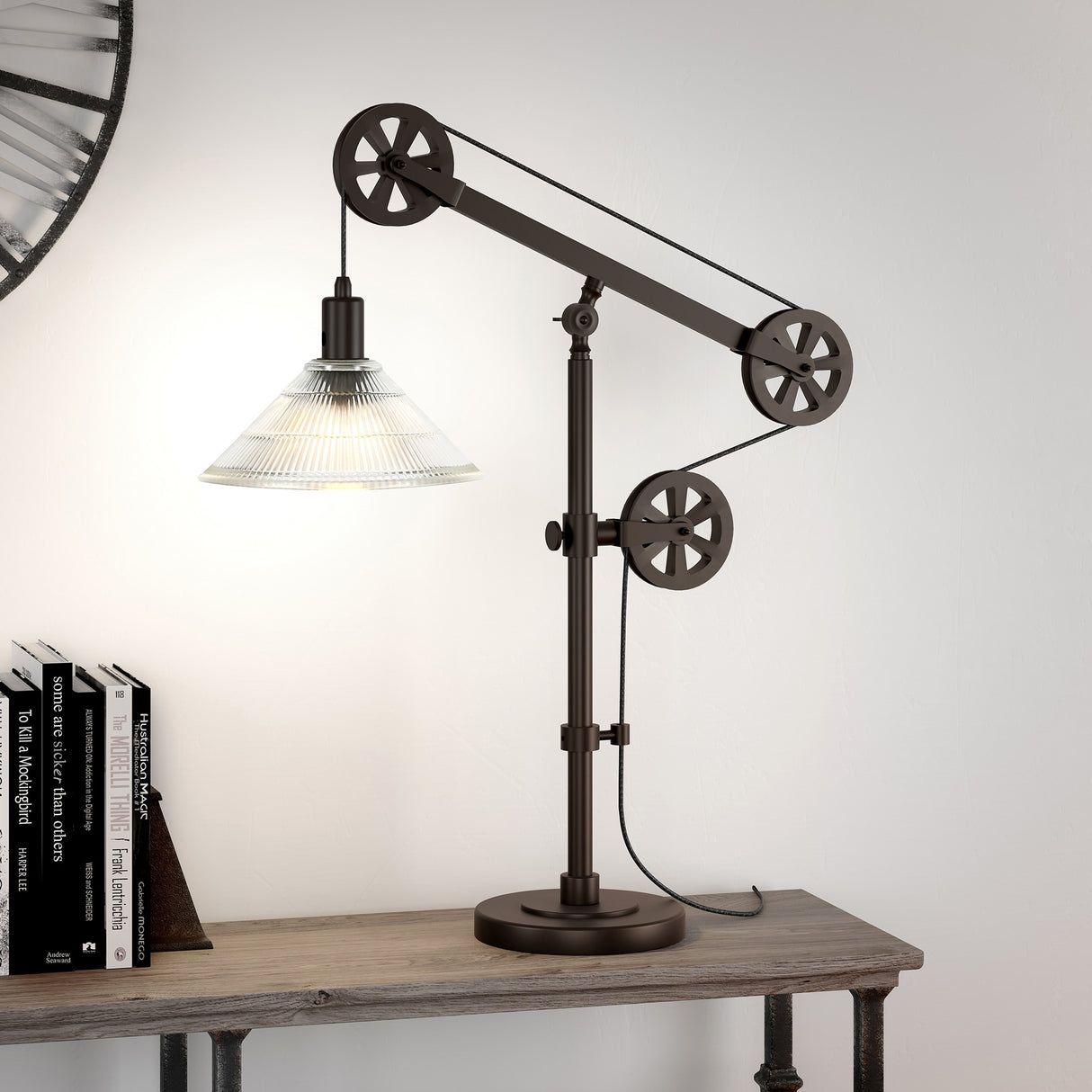 Carbon Loft Tirith Industrial Farmhouse Table Lamp with Pulley System