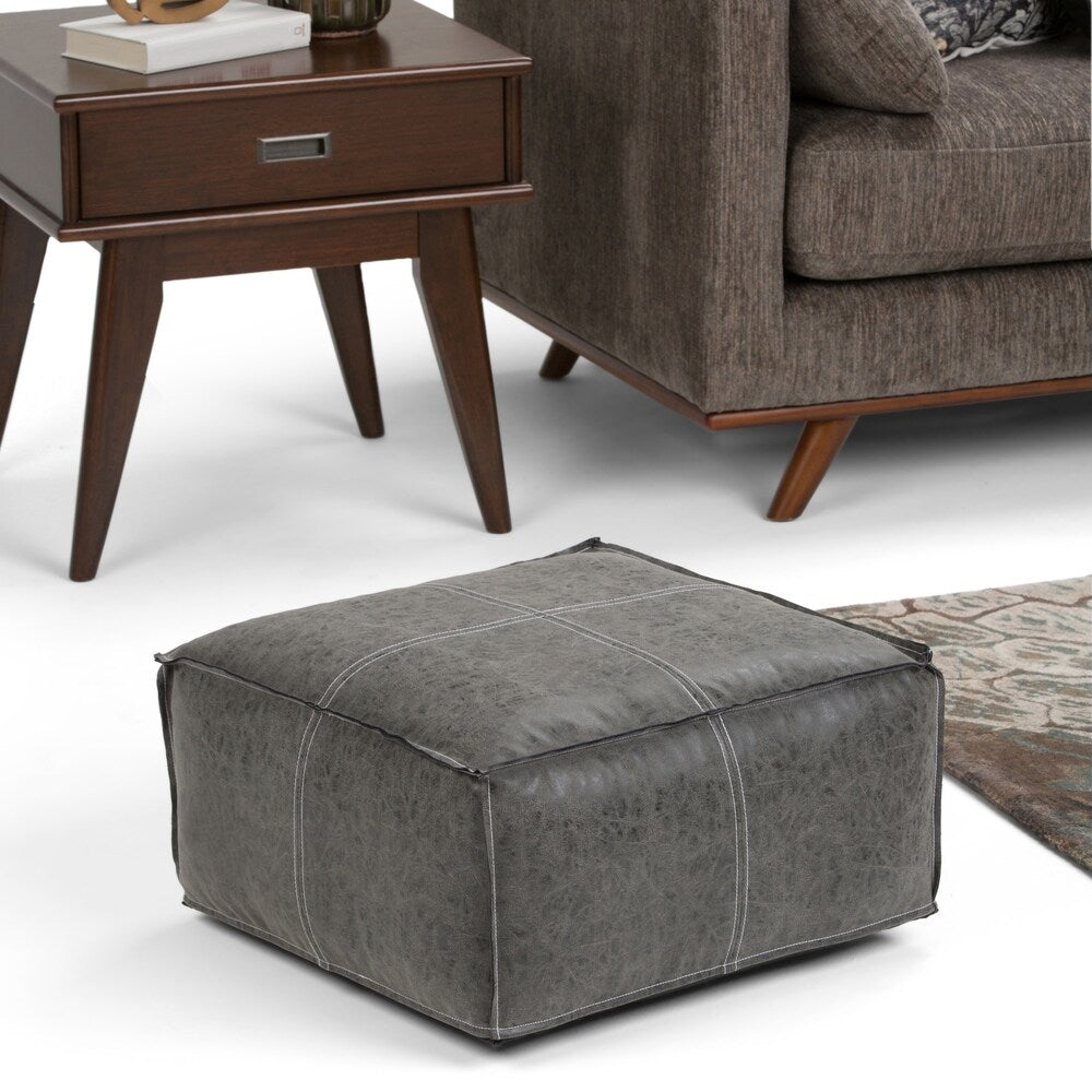 WYNDENHALL Polly Boho Square Pouf in Distressed Black Faux Leather