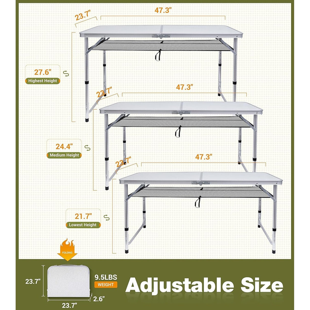 Card Table, Small Table, Folding Table, Adjustable 3-Level Heights Folding Camping Table with Mesh Holders