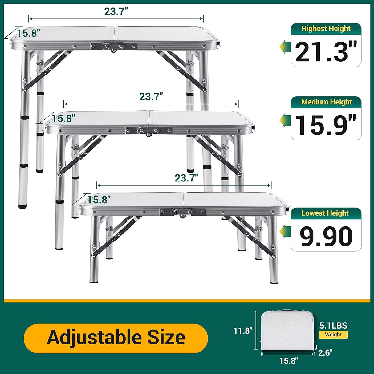 Card Table, Small Table, Folding Table, Adjustable 3-Level Heights Folding Camping Table with Mesh Holders