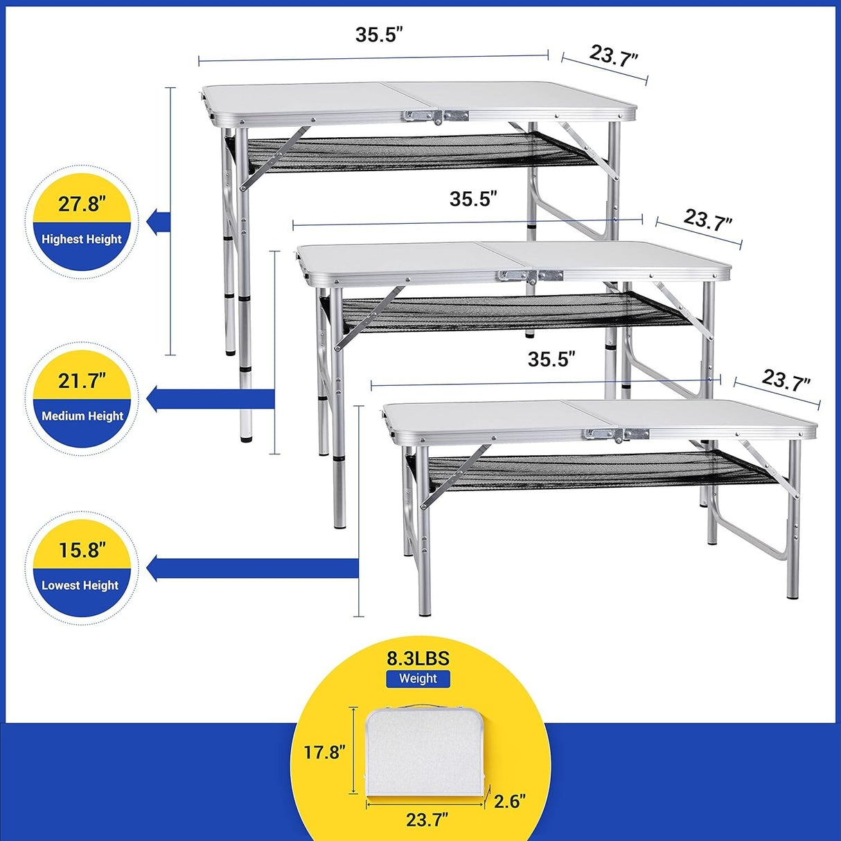 Card Table, Small Table, Folding Table, Adjustable 3-Level Heights Folding Camping Table with Mesh Holders