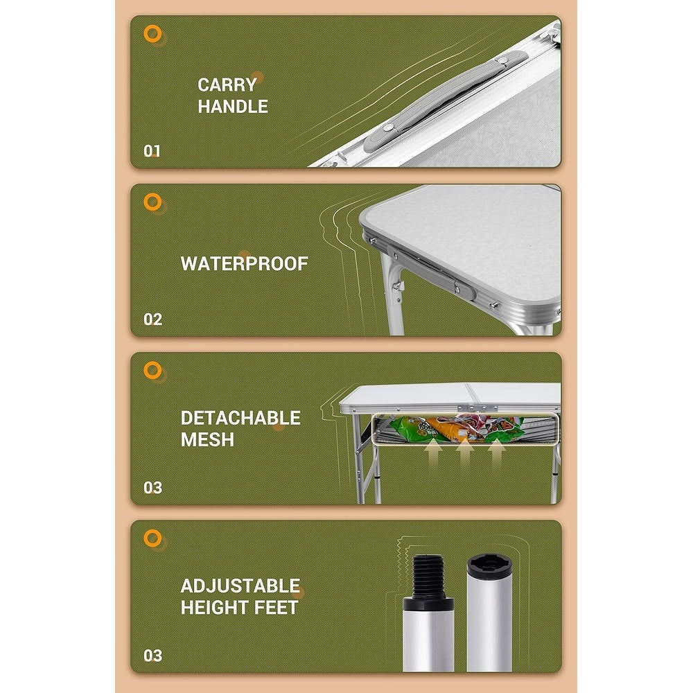 Card Table, Small Table, Folding Table, Adjustable 3-Level Heights Folding Camping Table with Mesh Holders
