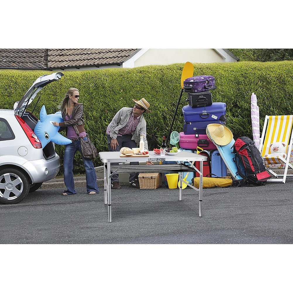 Card Table, Small Table, Folding Table, Adjustable 3-Level Heights Folding Camping Table with Mesh Holders