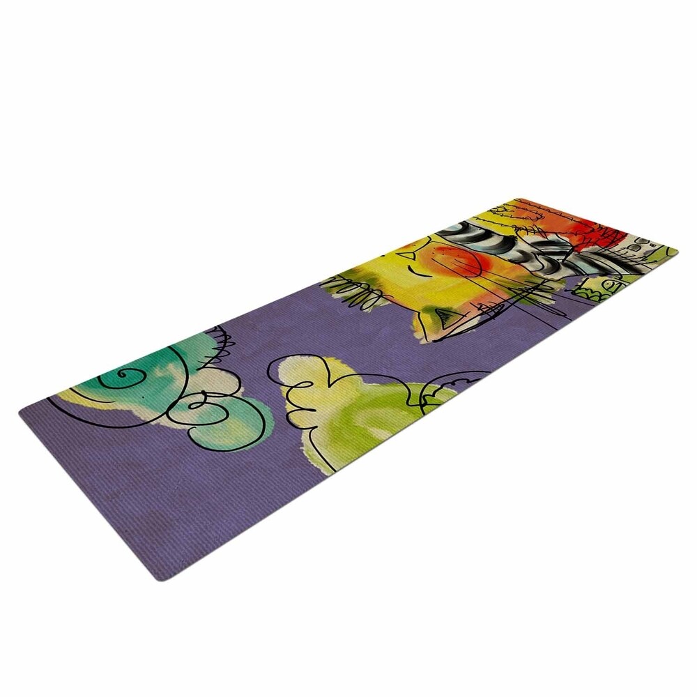 Carina Povarchik "Urban Cat With Scarf" Yellow Illustration Yoga Mat - Purple