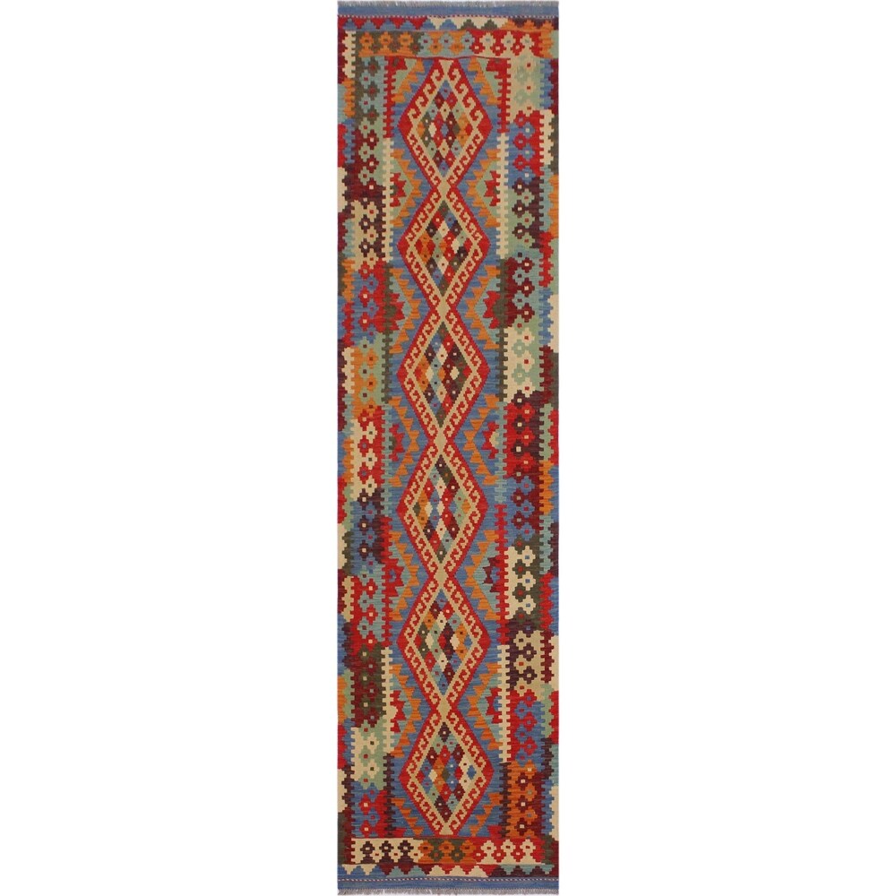 Carmelit Red/Ivory Hand-Woven Kilim Wool Runner - 2'10 x 9'11 - 2'10" x 9'11"