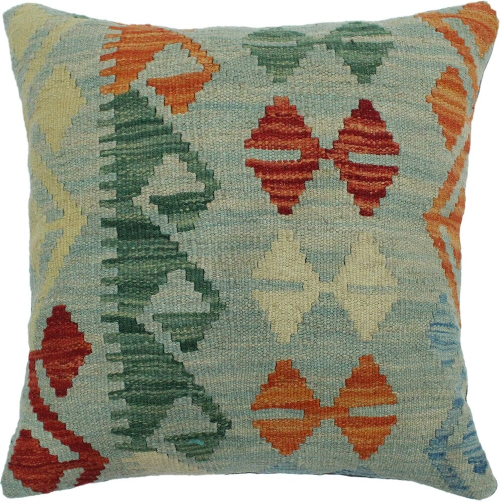 Carnahan Blue/Rust Hand-Woven Kilim Throw Pillow -18"x18"