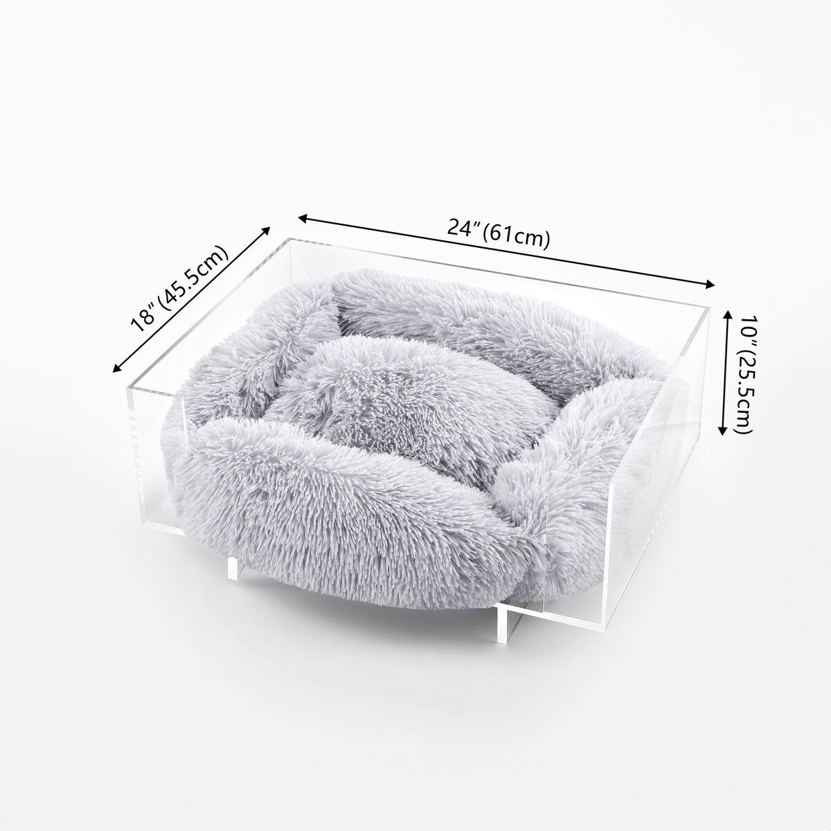 Carole 24" x 18" Small/Medium Modern Lucite Calming Fluffy Pet Bed with Washable Cushion, Light Gray/Clear