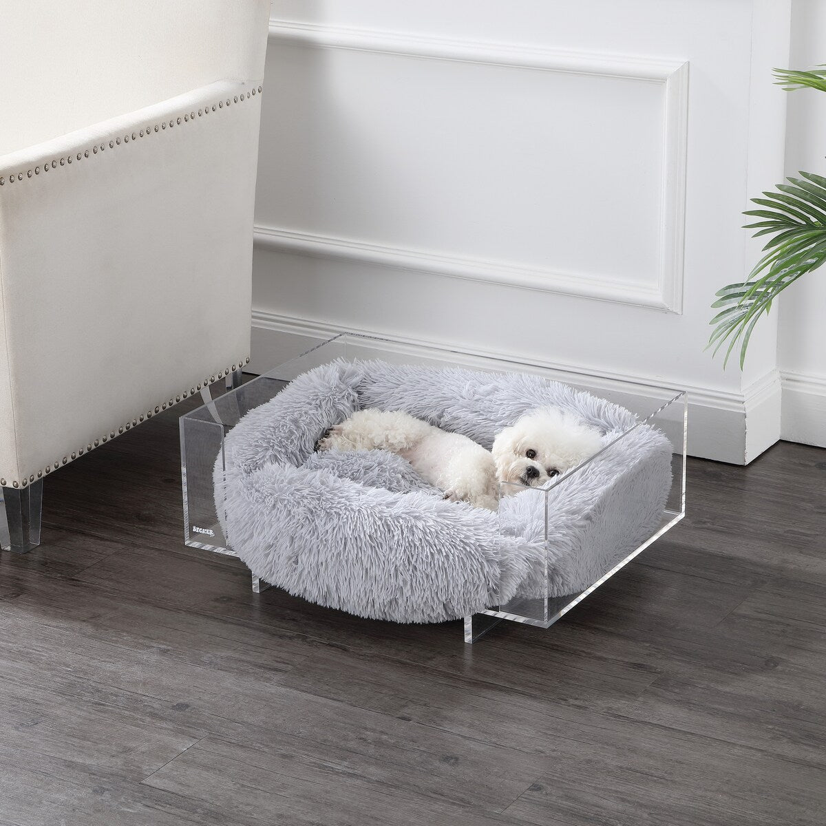 Carole 24" x 18" Small/Medium Modern Lucite Calming Fluffy Pet Bed with Washable Cushion, Light Gray/Clear