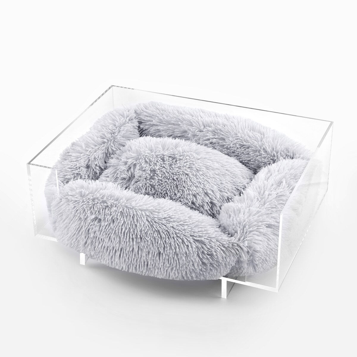 Carole 24" x 18" Small/Medium Modern Lucite Calming Fluffy Pet Bed with Washable Cushion, Light Gray/Clear