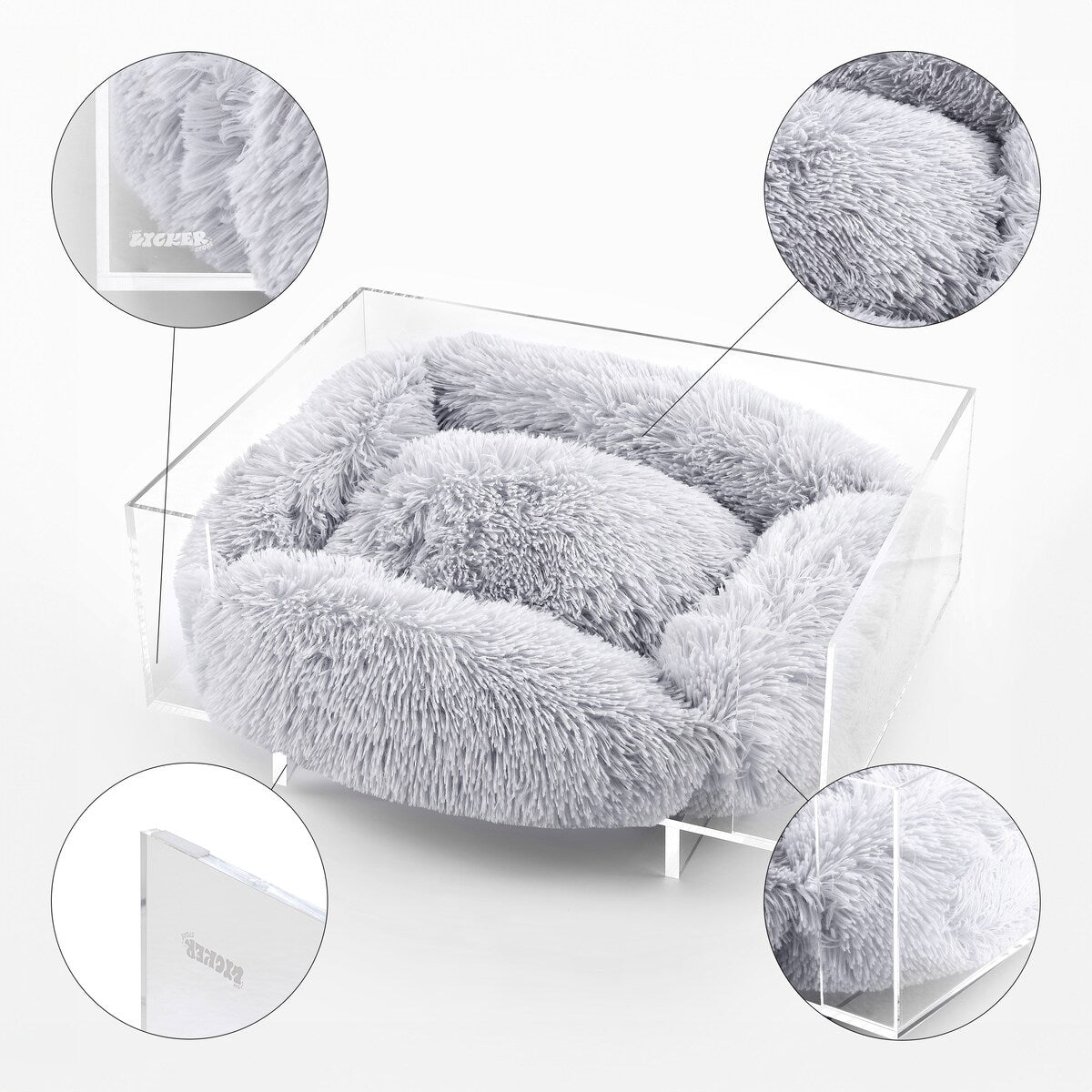 Carole 24" x 18" Small/Medium Modern Lucite Calming Fluffy Pet Bed with Washable Cushion, Light Gray/Clear