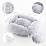 Carole 24" x 18" Small/Medium Modern Lucite Calming Fluffy Pet Bed with Washable Cushion, Light Gray/Clear