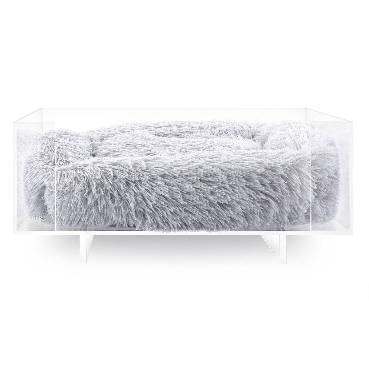 Carole 24" x 18" Small/Medium Modern Lucite Calming Fluffy Pet Bed with Washable Cushion, Light Gray/Clear