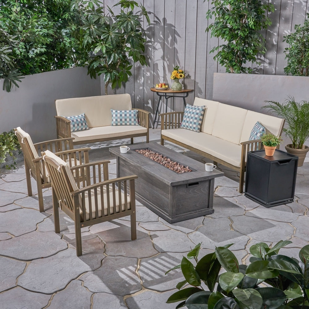 Carolina Outdoor 6 Piece Acacia Wood Conversational Set with Fire Pit by Christopher Knight Home