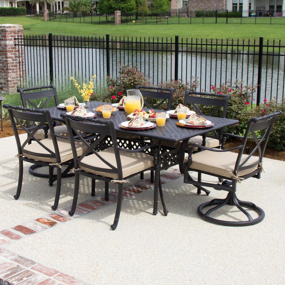 Carrolton 6-Person Cast Aluminum Patio Dining Set With 2 Swivel Rockers and Rectangular Table