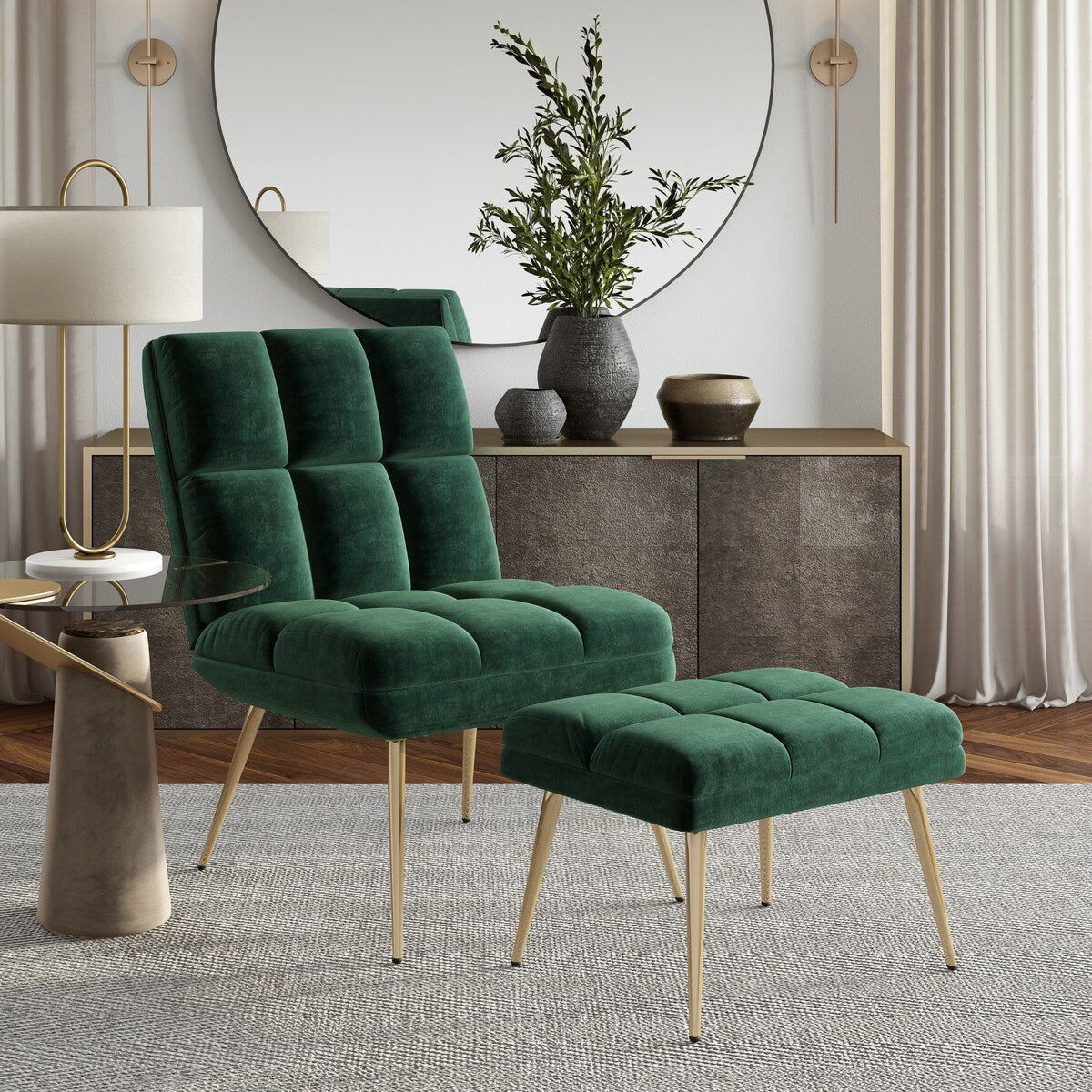Carson Carrington Pama Velvet Modern Tufted Armless Chair and Ottoman