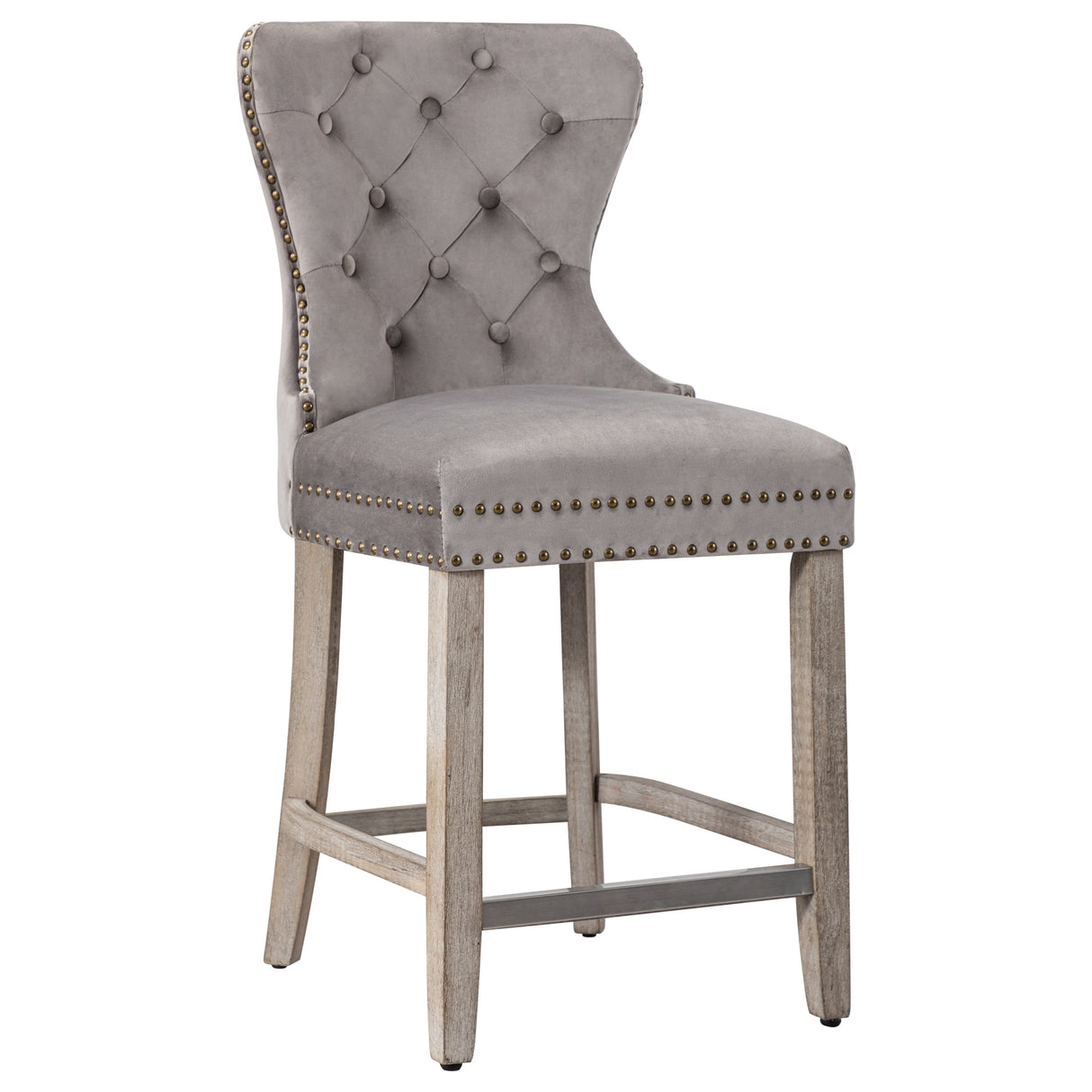 Carter 24" Wingback Tufted Nailhead Counter Stool (Set of 2), Antique Grey Legs