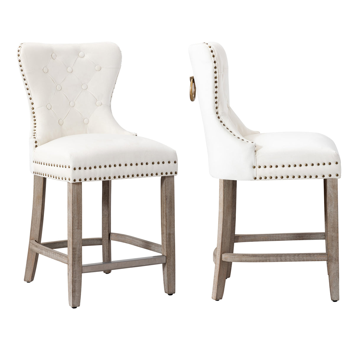 Carter 24" Wingback Tufted Nailhead Counter Stool (Set of 2), Antique Grey Legs
