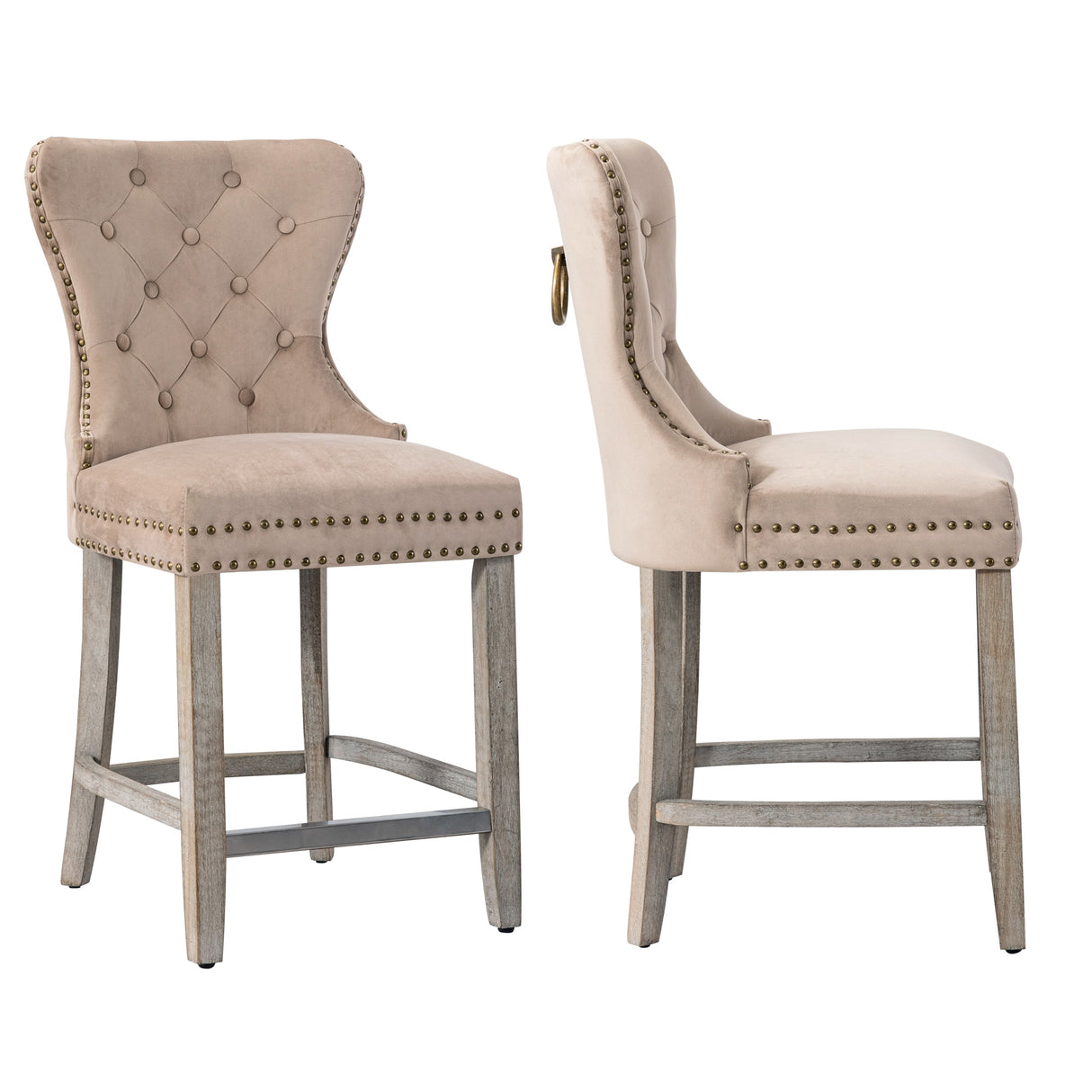 Carter 24" Wingback Tufted Nailhead Counter Stool (Set of 2), Antique Grey Legs