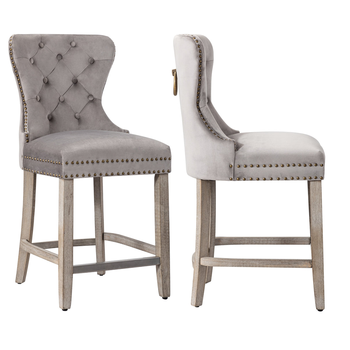 Carter 24" Wingback Tufted Nailhead Counter Stool (Set of 2), Antique Grey Legs