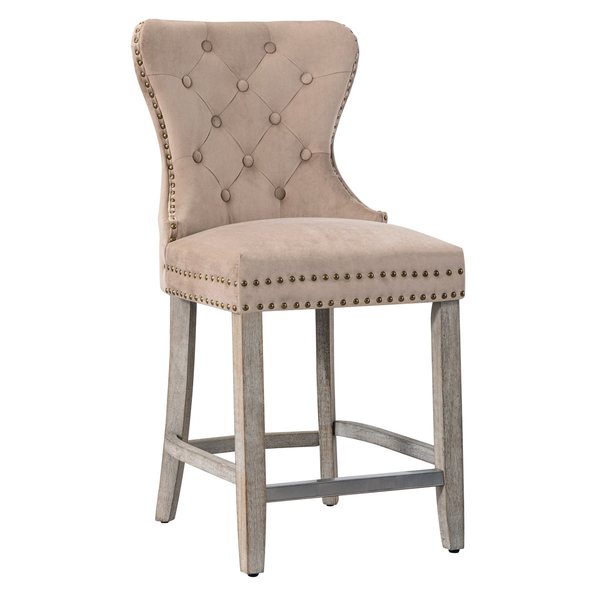 Carter 24" Wingback Tufted Nailhead Counter Stool (Set of 2), Antique Grey Legs