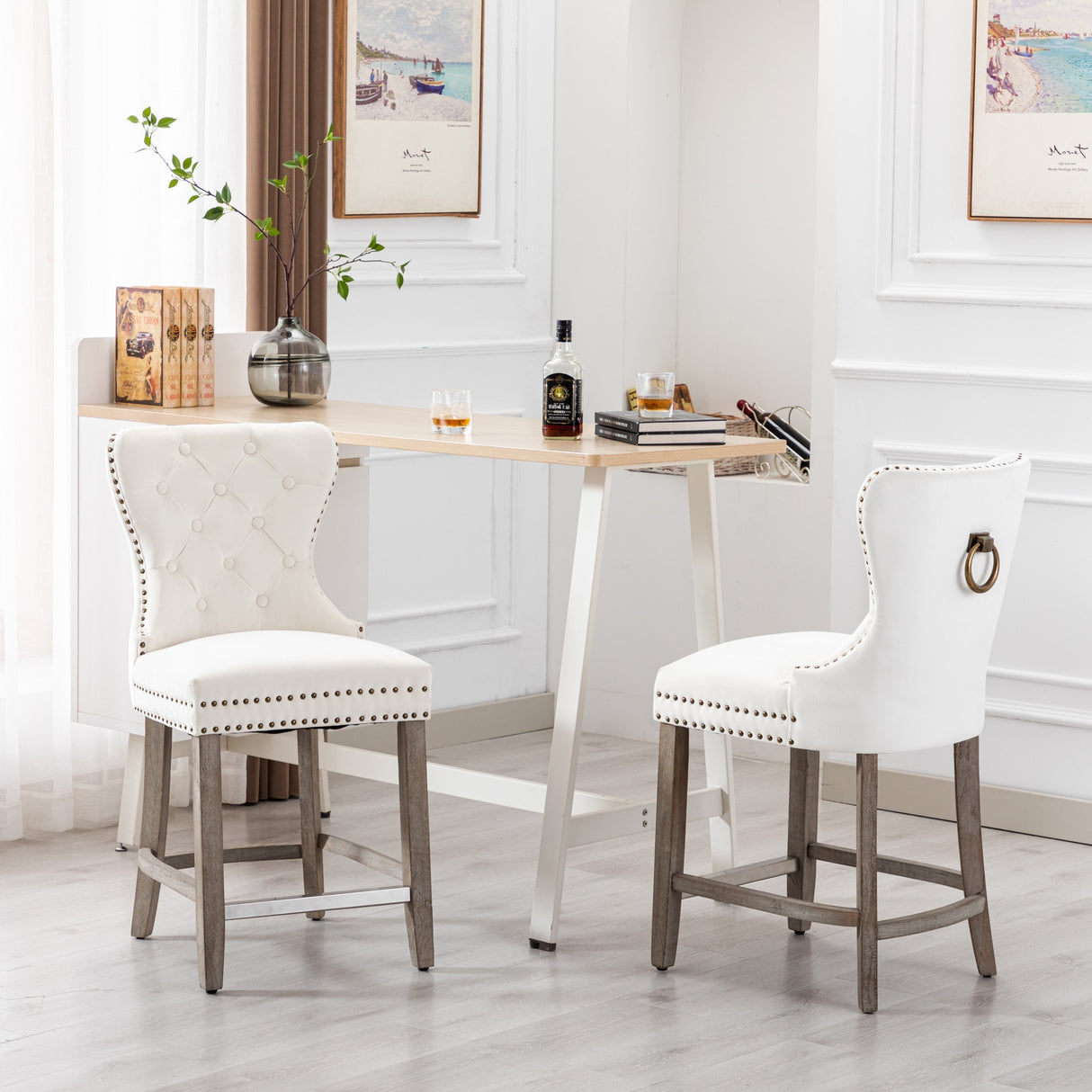Carter 24" Wingback Tufted Nailhead Counter Stool (Set of 2), Antique Grey Legs