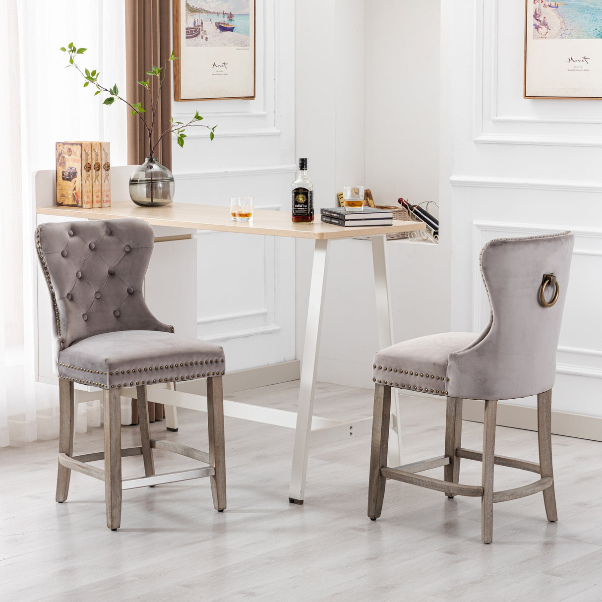 Carter 24" Wingback Tufted Nailhead Counter Stool (Set of 2), Antique Grey Legs