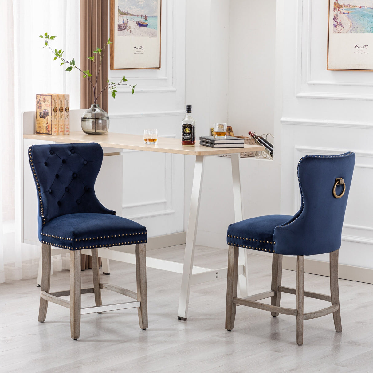Carter 24" Wingback Tufted Nailhead Counter Stool (Set of 2), Antique Grey Legs