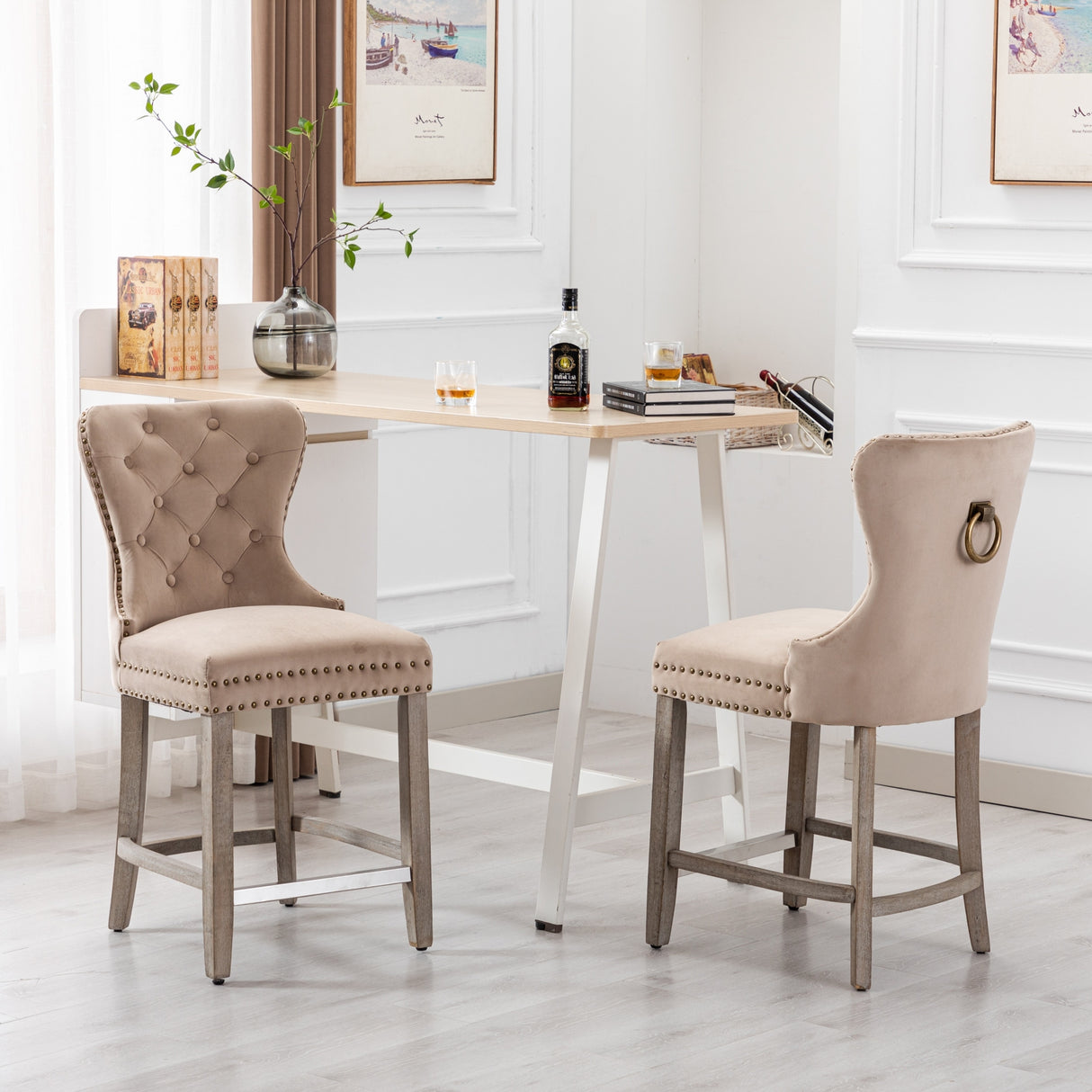 Carter 24" Wingback Tufted Nailhead Counter Stool (Set of 2), Antique Grey Legs