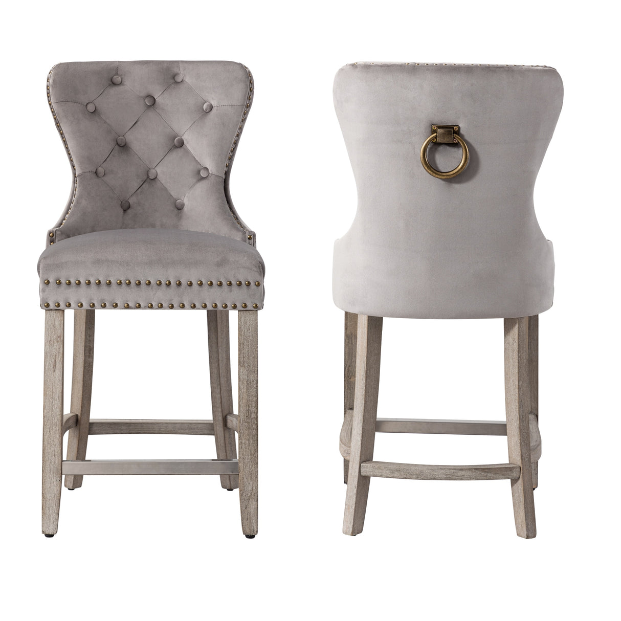 Carter 24" Wingback Tufted Nailhead Counter Stool (Set of 2), Antique Grey Legs