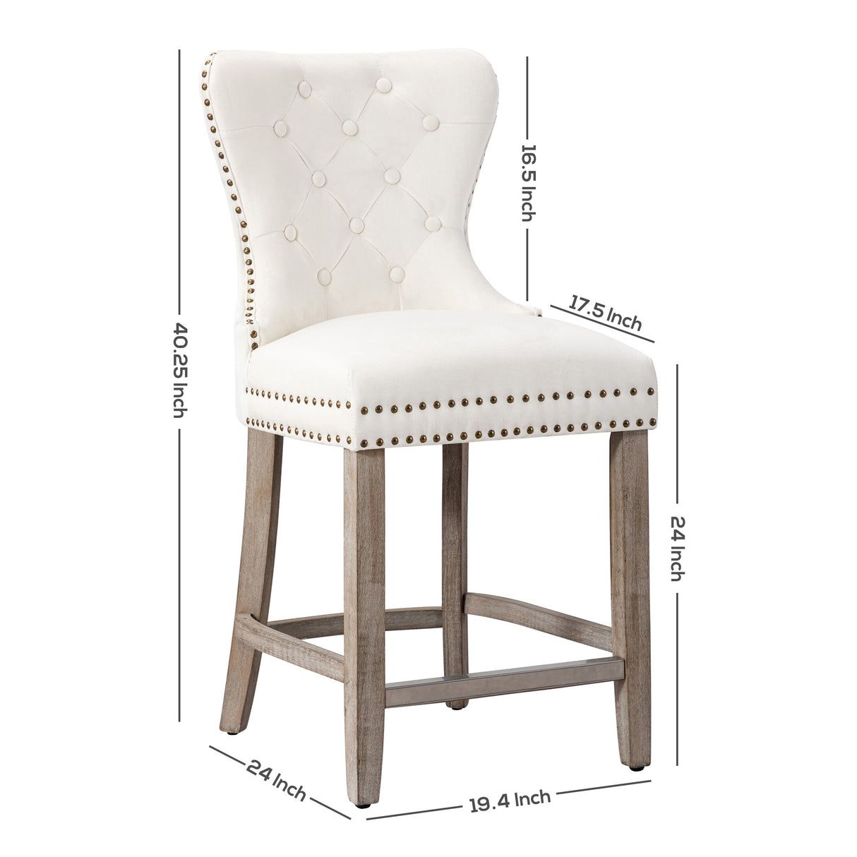 Carter 24" Wingback Tufted Nailhead Counter Stool (Set of 2), Antique Grey Legs