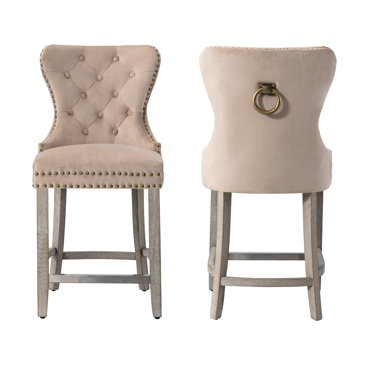 Carter 24" Wingback Tufted Nailhead Counter Stool (Set of 2), Antique Grey Legs